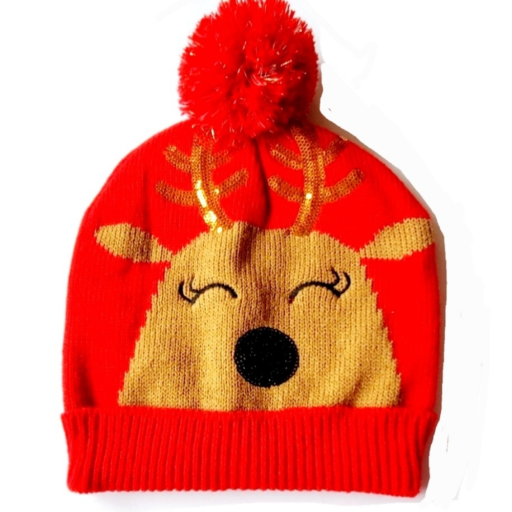 Gold Medal Red Raindeer Holiday Christmas Beanie Hat Sequined Detail One Size